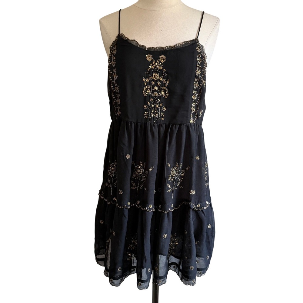 Urban Outfitters Black Gold Sequin Embroidered Tiered Babydoll Mini Dress Medium